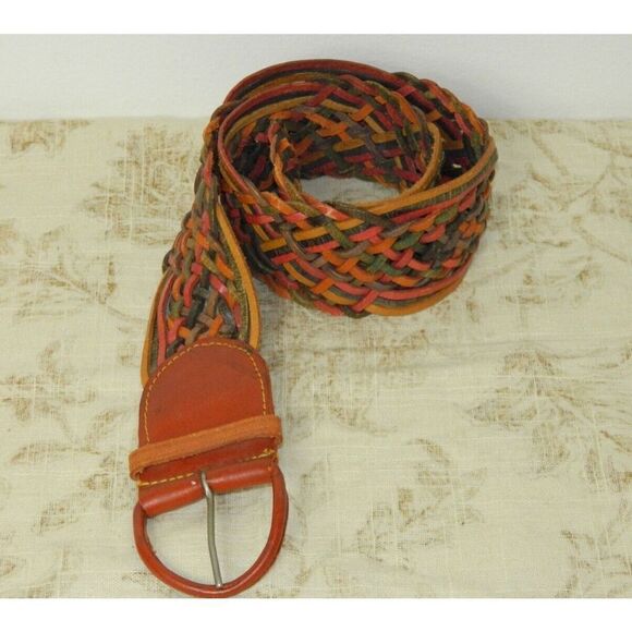Genuine Leather  Belt Orange Brown Yellow Braided  Boho Chic  Size Small - Picture 1 of 6